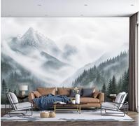 3D Panoramic Custom Grayish Wallpaper Murals, Minimalist Misty Landscape Snow-Capped Mountains Rivers Coniferous silk Wall Murals, Modern Living Room Bedroom Wall Mural Wallpaper 350x256cm (W x H)