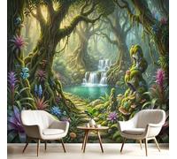 3D Panoramic Custom Green Wallpaper Murals, Magical Rainforest Ancient Trees Streams And Waterfalls silk Wall Murals, Modern Living Room Kitchen Dining Room Bedroom Wall Mural Wallpaper 200x140cm