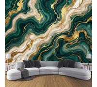 3D Panoramic Custom Luxury Liquid Marble Wallpaper Murals, Abstract Lines And Waves Non-Woven Wall Murals, Golden Green Modern Living Room Kitchen Dining Room Bedroom Wallpaper 350X256Cm (W X H)