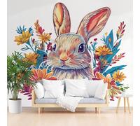 3D Panoramic Custom Mural Wallpaper 450x315cm(W x H) Wall Poster Abstract Painted Animal Rabbit Feature Wallpaper 3D Effect, Plants Daisy Floral Wall Mural Decoration for Bedroom Living Room Corridor