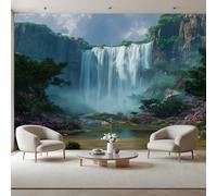 3D Panoramic Custom Mural Wallpaper 450x315cm Wall Poster Jungle Mountains Waterfall Landscape Feature Wallpaper 3D Effect, Naturel Waterfall (Green) Wall Mural Decoration for Bedroom Living Room