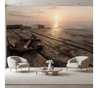 3D Panoramic Custom Mural Wallpaper 450x315cm Wall Poster Vintage Anchor with Wooden Planks Scenery Feature Wallpaper 3D Effect, Sunset Sailing Scenery Wall Mural Decoration for Bedroom Living Room