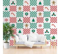 3D Panoramic Custom Mural Wallpaper 500x280cm Wall Poster Christmas Gingerbread Man Snowflakes Feature Wallpaper 3D Effect, Christmas Tree Geometric Checkered Wall Mural for Bedroom Living Room
