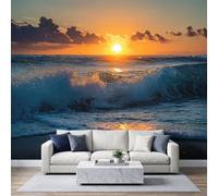 3D Panoramic Custom Natural Coast Wallpaper Mural 500 x 280 cm, Ocean Waves Sunset Clouds Poster Wall Mural Non-Woven Photo Wallpaper, Living Room Bedroom Kids Room TV Background Wall Decor