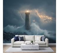 3D Panoramic Custom Natural Landscape Wallpaper Mural 450 x 280 cm, Ocean Coast Lighthouse Waves Poster Wall Mural Non-Woven Photo Wallpaper, Living Room Bedroom Kids Room TV Background Wall Decor