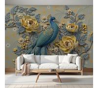 3D Panoramic Custom Oriental Peony Peacock Wallpaper Murals, Luxury Animal Reliefs Non-Woven Wall Murals, Yellow-Green Modern Living Room Kitchen Dining Room Bedroom Wallpaper 200X140Cm (W X H)