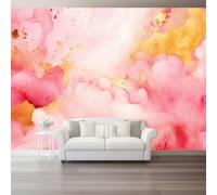 3D Panoramic Custom Pink Gold Wallpaper Mural, Watercolor Marble Smoke Texture Non-Woven Wall Murals, Modern Living Room Kitchen Dining Room Bedroom Wall Mural Wallpaper 250 x 175 cm (W x H)