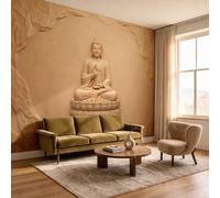 3D Panoramic Custom Sandy Yellow Wallpaper Murals, Modern Sculpture Buddha Statue Rock Lotus Pedestal Wall Murals, Modern Living Room Kitchen Dining Room Bedroom Wall Mural Wallpaper 250 × 175 cm