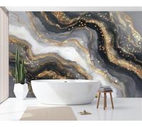 3D Panoramic Custom Sparkling Starlight Marble Wallpaper Murals, Luxury Gold Foil Waves Non-Woven Wall Murals, Light Gray Modern Living Room Kitchen Dining Room Bedroom Wallpaper 250X175Cm (W X H)