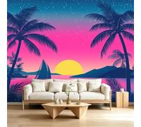 3D Panoramic Custom Vintage Wallpaper Mural 450 x 280 cm, Ocean Neon Sunset Tropical Palm Trees Poster Wall Mural Non-Woven Photo Wallpaper, Living Room Bedroom Kids Room TV Background Wall Decor