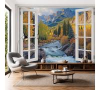 3D Panoramic Custom Wallpaper 3D Forest Fake Window Photo Mural Mountain Streams And Waterfalls Silk Photo Wallpaper, 400x280cm Wall Covering for Living Room, Bedroom, Office Home Decoration, Orange