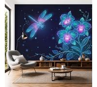 3D Panoramic Custom Wallpaper Dreamy Luxury Photo Mural Glowing Dragonfly Phalaenopsis Orchid Silk Photo Wallpaper, 250x175cm Wall Covering for Living Room, Bedroom, Office Home Decoration, Navy Blue