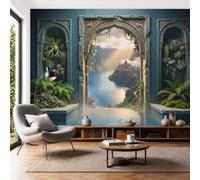 3D Panoramic Custom Wallpaper Exotic Retro Cave Photo Mural Tropical Rainforest Secret Realm Silk Photo Wallpaper, 300x210cm Wall Covering for Living Room, Bedroom, Office Home Decoration, Dark Blue