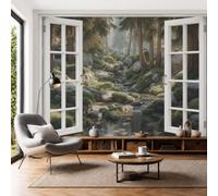 3D Panoramic Custom Wallpaper Forest Window Photo Mural Streams In The Redwood Forest Silk Photo Wallpaper, 400x280cm Wall Covering for Living Room, Bedroom, Office Home Decoration, Moss Green