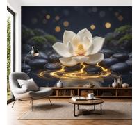 3D Panoramic Custom Wallpaper Healing Zen Photo Mural White Magnolia On The Water Silk Photo Wallpaper, 300x210cm Wall Covering for Living Room, Bedroom, Office Home Decoration, Carbon Black