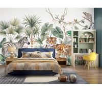 3D Panoramic Custom Wallpaper Jungle Animals Photo Mural Zebra, Tiger, Chameleon Silk Photo Wallpaper, 400x280cm Wall Covering for Living Room, Bedroom, Office Home Decoration, Emerald Green
