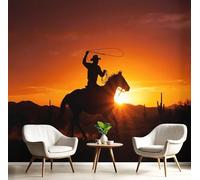 3D Panoramic Custom Wallpaper Mural, 200x140cm Wall Poster Silhouette Style Cowboy Riding A Horse Photo Wallpapers 3D Effect, Burnt Orange Wallpaper Mural - Poster Decoration for Living Room Corridor