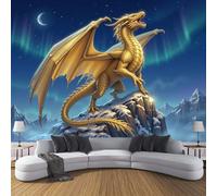 3D Panoramic Custom Wallpaper Mural, 300x210cm Wall Poster Fantasy Art Giant Dragon Snow Mountain Aurora Photo Wallpapers 3D Effect, Gold Wallpaper Mural - Poster Decoration for Living Room Corridor