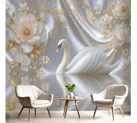 3D Panoramic Custom Wallpaper Mural, 350x256cm Wall Poster Elegant And Romantic Style Swan Golden Flowers Photo Wallpapers 3D Effect, White Wallpaper Mural - Poster Decoration for Living Room Corridor