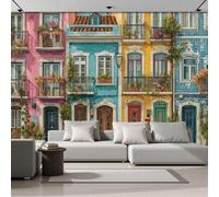 3D Panoramic Custom Wallpaper Mural, 450x315cm Wall Poster Nordic Architectural Style Colorful Buildings Photo Wallpapers 3D Effect, Blue Wallpaper Mural - Poster Decoration for Bedroom Corridor