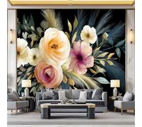 3D Panoramic Custom Wallpaper Mural 59 x 41 inch (W x H), Non-Woven Premium Elegant Warm Florals Print Black Wallpaper Mural - for Bedroom Living Room Corridor