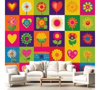 3D Panoramic Custom Wallpaper Mural Cartoon Fun Pattern,Floral Heart Checkered Decor Poster Picture Design Murals Wall Art for Bedroom Teenager’S Room Non-Woven