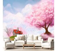 3D Panoramic Custom Wallpaper Mural Dreamy, Japanese Style, Countryside Pattern,Cherry Blossom Tree, Sky Decor Poster Picture Design Murals Wall Art for Bedroom Teenager’S Room Non-Woven