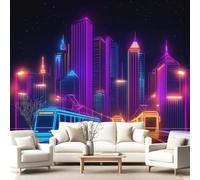 3D Panoramic Custom Wallpaper Mural Future City Bus and Tram Neon Lights Pattern,Cyber Tech Neon Glow Decor Poster Picture Design Murals Wall Art for Bedroom Teenager’S Room Non-Woven
