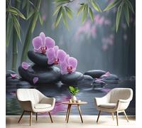 3D Panoramic Custom Wallpaper Mural, Grey Wall Poster Bamboo Orchids and Rocks Photo Wallpaper Zen Style, 300×210 Cm Mural, Poster Decoration for Bedroom Living Room Corridor