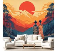 3D Panoramic Custom Wallpaper Mural Japanese Inspired, Elegant, Warm Pattern,Sun, Geisha, Mountain Decor Poster Picture Design Murals Wall Art for Bedroom Teenager’S Room Non-Woven
