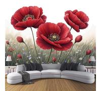 3D Panoramic Custom Wallpaper Mural Red,Realistic Floral Theme,Field Poppy Pattern Effect, 300×210 cm 3D Wall Sticker Poster Decoration