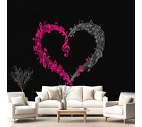 3D Panoramic Custom Wallpaper Mural Romantic Music Black Pattern,Heart Musical Notes Decor Poster Picture Design Murals Wall Art for Bedroom Teenager’S Room Non-Woven
