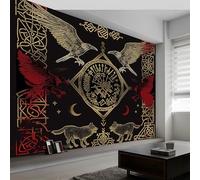 3D Panoramic Custom Wallpaper Mural, Viking Poster Symbol Crow Pattern Photo Wallpaper, Black Wallpaper Mural, 250 x 175 cm (WxH) 3D Effect Wall Sticker Poster Decoration