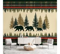 3D Panoramic Custom Wallpaper Mural Vintage, American Style, Country Pattern,Pine Trees, Black Bear, Plaid Decor Poster Picture Design Murals Wall Art for Bedroom Teenager’S Room Non-Woven