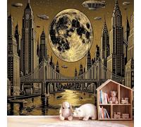 3D Panoramic Custom Wallpaper Mural Vintage Anime Landscape Pattern,Moon City Decor Poster Picture Design Murals Wall Art for Bedroom Teenager’S Room Non-Woven