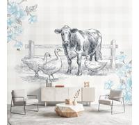 3D Panoramic Custom Wallpaper Mural Vintage, Rustic, Country Style Pattern,Cow, Goose, Animal Decor Poster Picture Design Murals Wall Art for Bedroom Teenager’S Room Non-Woven