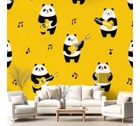 3D Panoramic Custom Wallpaper Mural Yellow Cartoon Music Pattern,Panda Guitar Musical Notes Decor Poster Picture Design Murals Wall Art for Bedroom Teenager’S Room Non-Woven