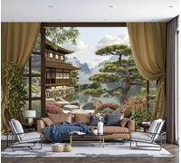 3D Panoramic Custom Wallpaper Murals, Chinese Courtyard Style Pond, Pine Trees, Lake Surface Silk Wall Murals, Modern Living Room Kitchen Dining Room Bedroom Wall Mural Wallpaper 350x256cm (W x H)