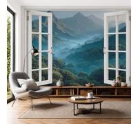 3D Panoramic Custom Wallpaper Rainforest Landscape Photo Mural Mountain Forest Window View Silk Photo Wallpaper, 350x256cm Wall Covering for Living Room, Bedroom, Office Home Decoration, Dark Green
