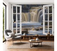 3D Panoramic Custom Wallpaper Realistic Landscape Photo Mural Waterfalls And Streams Silk Photo Wallpaper, 450x315cm Wall Covering for Living Room, Bedroom, Office Home Decoration, Light Brown