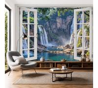 3D Panoramic Custom Wallpaper Realistic Scenery Of The Canyon Photo Mural Natural Waterfall Silk Photo Wallpaper, 250x175cm Wall Covering for Living Room, Bedroom, Office Home Decoration, Lake Green
