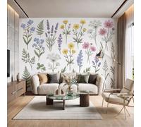 3D Panoramic Custom Wallpaper Retro Plants Flowers Photo Mural Forget-Me-Not Buttercup Ferns Silk Photo Wallpaper, 350x256cm Wall Covering for Living Room, Bedroom, Office Home Decoration, Pure White
