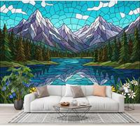 3D Panoramic Custom Wallpaper Stained Glass Art Style Photo Mural Snow-Capped Mountains, Lakes Silk Photo Wallpaper, 400x280cm Wall Covering for Living Room, Bedroom, Office Home Decoration, Cyan