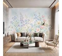 3D Panoramic Custom Wallpaper Watercolor Fresh Style Photo Mural Wild Rose, Blue Star Flower Silk Photo Wallpaper, 250x175cm Wall Covering for Living Room, Bedroom, Office Home Decoration, Light Blue