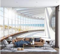 3D Panoramic Custom White Wallpaper Murals, Seaside Space Floor-To-Ceiling Windows, Ocean, And Beach silk Wall Murals, Modern Living Room Kitchen Dining Room Bedroom Wall Mural Wallpaper 200x140cm
