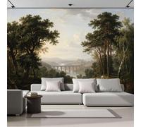 3D Panoramic Dark Green Wallpaper Murals, European-Style Rural Scenery Pine Trees Stone Bridges Ancient Castles Wall Murals, Modern Living Room Dining Room Bedroom Wall Mural Wallpaper 450 × 315 cm