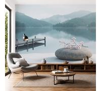 3D Panoramic Eastern Zen-Inspired Scenery Wallpaper Murals | Cherry Blossom Branches At The Lake Pier silk Wall Murals, Modern Living Room Kitchen Dining Room Bedroom Wallpaper 200x140cm(W x H)