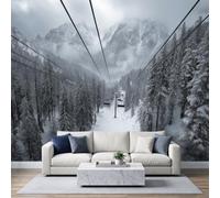 3D Panoramic Natural Landscape Wallpaper Mural 200 x 140 cm, Black White Mountains Forest Cable Car Pine Tree Wall Mural Non-Woven Photo Wallpaper, Living Room Kids Room TV Background Wall Decor