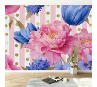 3D Panoramic Photo Wallpaper 300 x 210 cm Plant Peony Tulip Stripes Wall Mural Non-Woven Premium Art Print Fleece Wall Mural Photo Wallpaper Decoration Poster for Living Room Kids Bedroom, Pink