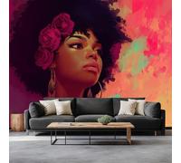 3D Panoramic Photo Wallpaper 400 x 280 cm African Woman's Rose Patterned Afro Wall Mural Non-Woven Premium Art Print Fleece Wall Mural Photo Wallpaper Decoration Poster for Kids Bedroom, Pink